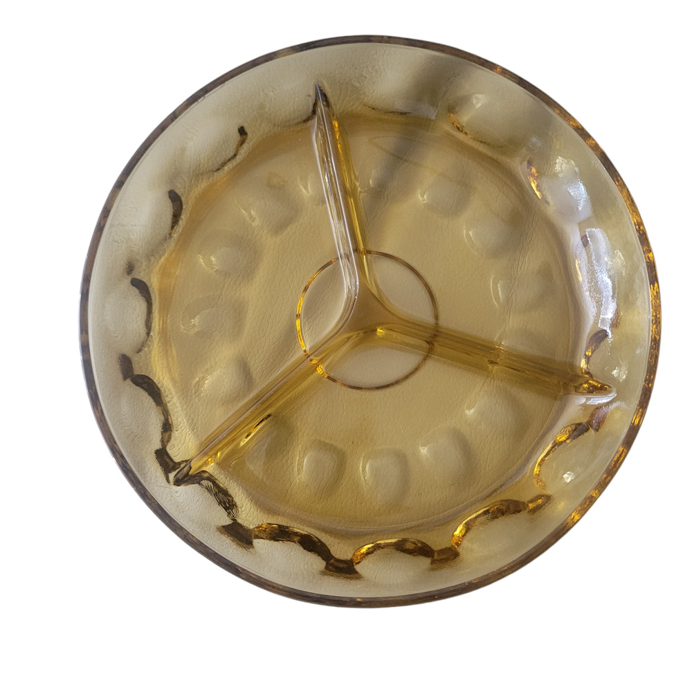 MCM Divided 3 Section Relish Dish Thumbprint Reflection‎ Amber by Hazel-Atlas